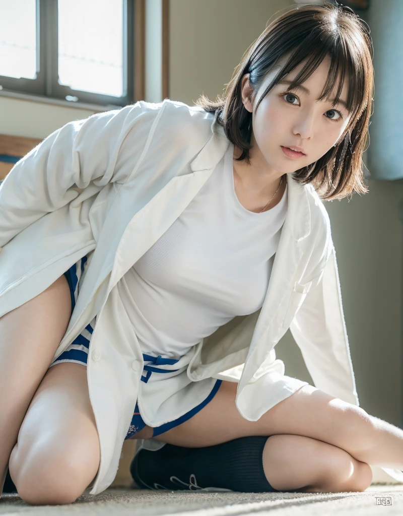 (8K、top-quality、​masterpiece:1.2)、(reallistic、フォトreallistic:1.2)（ultra-detailliert、hight resolution）(Slouched:1.3)、crouching down、(From  above:1.2)、(a closeup:1.4)、（Cut and sewn with loose chest area）(((School teacher)))、(((Appearance during treatment)))、(Don't wear panties)), (((患者を覗き込むためにSlouchedになる)))、(((Independent lab coat)))、（School Infirmary）、（Japan woman at 30 years old）skirt by the, Nurse lab coat, sockes, A dark-haired, bblurry, bblurry背景, knee high, Ro White Nurse Shoes, life-like, length hair, s lips, Brown-eyed, Black socks, Onepiece, Accept the phallus from behind、 looking to side, ​masterpiece, top-quality, ultra-detailliert、(((Spread your legs apart)))、Inviting eyes(Raw photography:1.2)、(フォトreallistic:1.4)、Negative Prompt