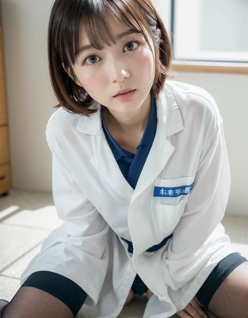 (8K、top-quality、​masterpiece:1.2)、(reallistic、フォトreallistic:1.2)（ultra-detailliert、hight resolution）(Slouched:1.3)、crouching down、(From  above:1.2)、(a closeup:1.4)、（Cut and sewn with loose chest area）(((School teacher)))、(((Appearance during treatment)))、(Don't wear panties)), (((患者を覗き込むためにSlouchedになる)))、(((Independent lab coat)))、（School Infirmary）、（Japan woman at 30 years old）skirt by the, Nurse lab coat, sockes, A dark-haired, bblurry, bblurry背景, knee high, Ro White Nurse Shoes, life-like, length hair, s lips, Brown-eyed, Black socks, Onepiece, Accept the phallus from behind、 looking to side, ​masterpiece, top-quality, ultra-detailliert、(((Spread your legs apart)))、Inviting eyes(Raw photography:1.2)、(フォトreallistic:1.4)、Negative Prompt