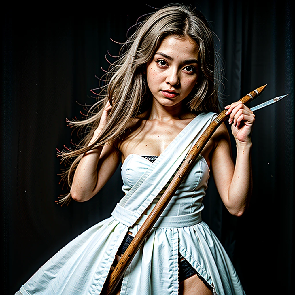 preta do anime com cabelo branco longo em uma roupa branca, olhos amarelos, com uma espada, Estilo Impatic Genshin