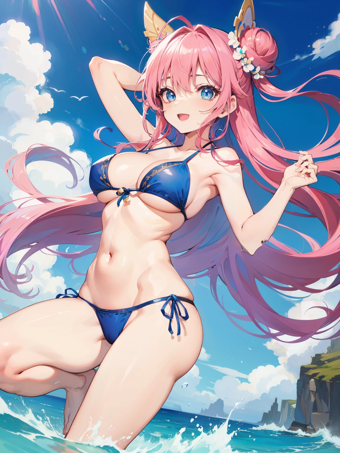 ((masterpiece, best quality)), High resolution, distinct image, (anime style:1.2), flat color, painting (1girl), (solo), (female Focus), dynamic pose ((nsfw)),  smile, open mouth, (blue bikini), pink hair, (long hair), (pink double bun hair 1.2), (blue eyes), (eyelashes), Sparkling eyes, (Perfect eyes:1.2), (Perfect iris:1.2),  (Perfect hands:1.2), (large breasts 1.4), beach, sand , seaside , oficial art