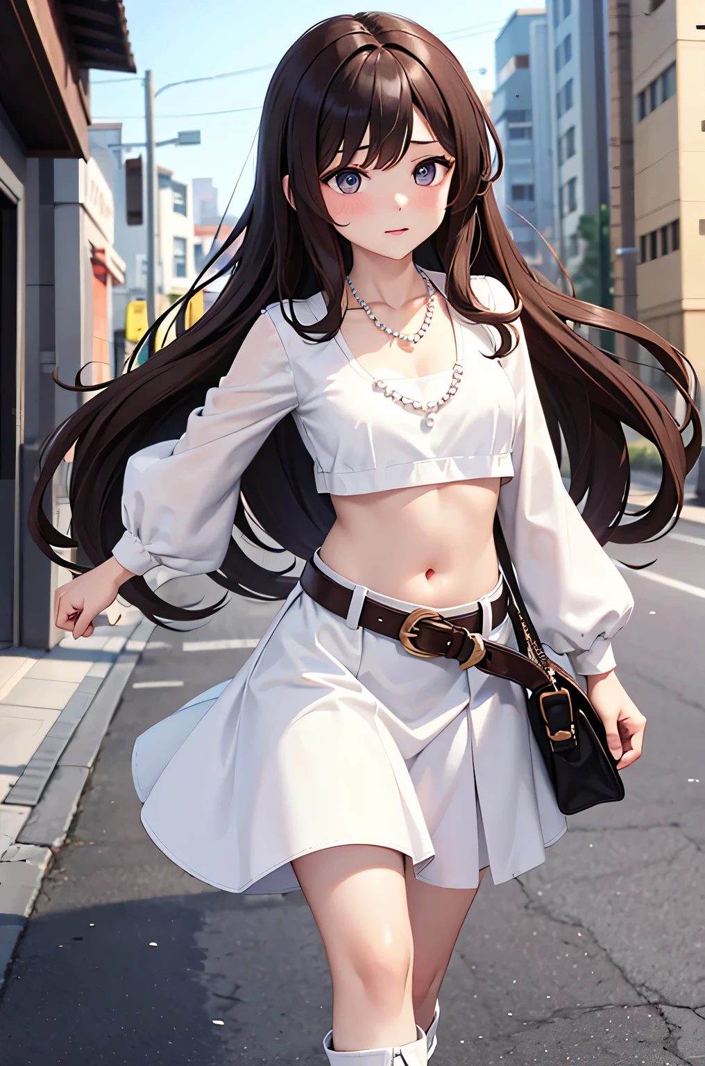 vibrant colors, masterpiece, sharp focus, best quality, gypsy top, white shirt, long sleeves, 1 woman, solo, belt, navel, tummy, midriff, white boots, looking down, white skirt, blush, walking, v neck, long hair, curly hair, dark brown hair, pearl necklace