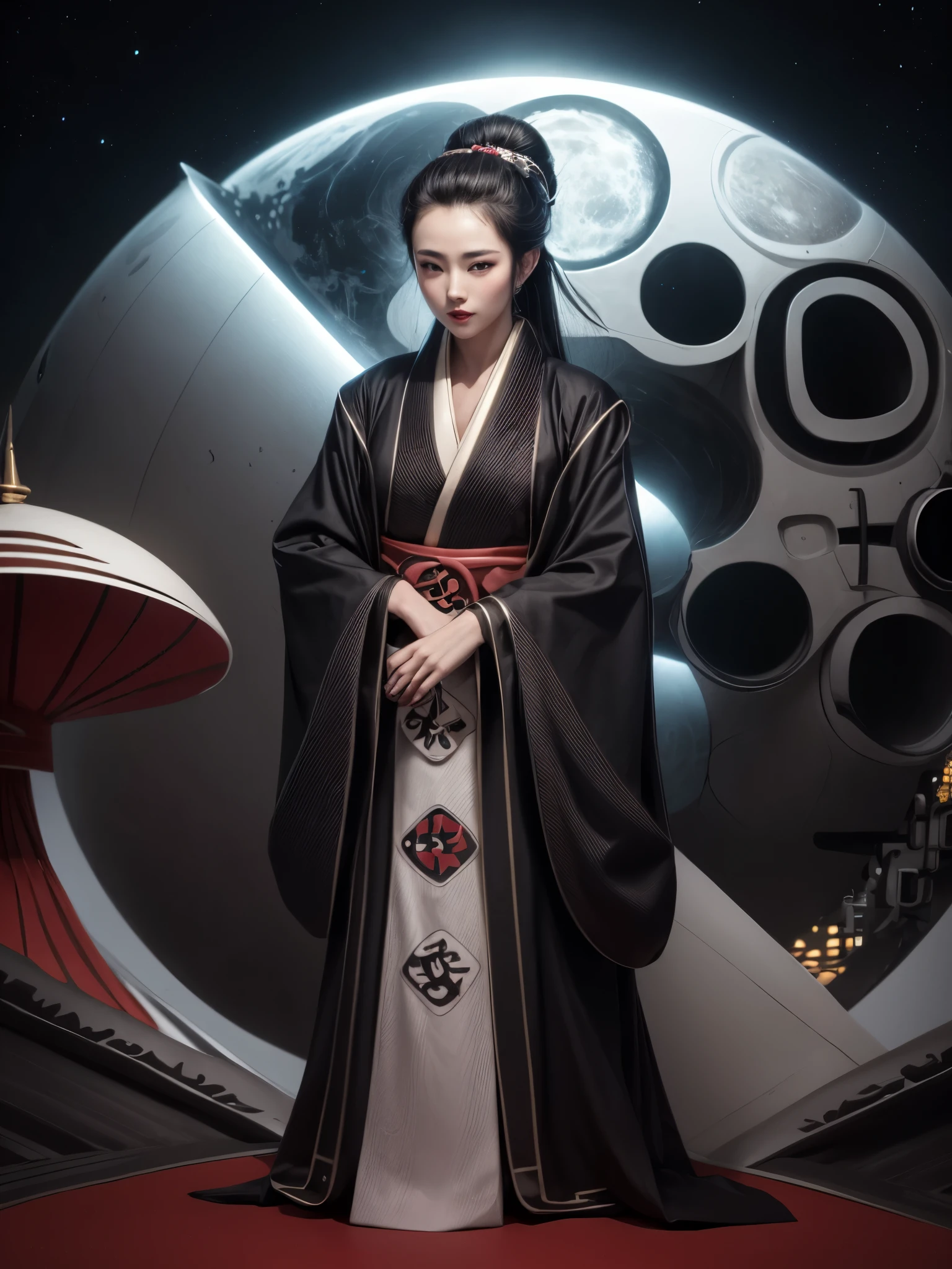 there is a beautiful geisha, with long black hair (ponytail), with a bun on her head, with full breasts, full lips, beautiful eyes, wearing a beautiful long stylized kimono, standing in relief, and behind there is a futuristic city in a night sky, and a half full moon, hyperrealistic space geisha, photorealistic lunar elegant Japanese woman, cyberpunk geisha of intricate details, skilled geisha of the Japanese, geisha goddess of space.