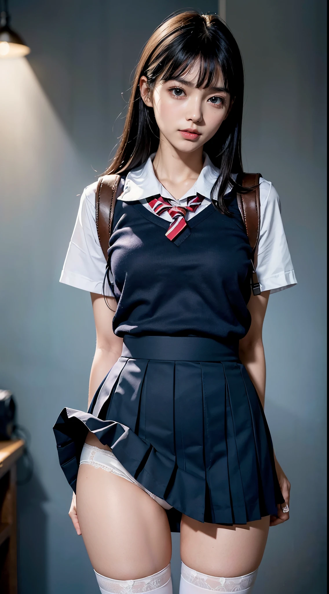(((Dressing:1.8))), ((Dress up reliably:1.8)), (((pantie shot:1.8))), (((Show the camera everything about your panties:1.5))), ((Lifted skirt:1.8)), (((shool uniform:1.8, Dark blue mini skirt:1.5, white panties with a small area,:1.5, Black Over Knee Socks:1.5, backpack:1.5))), espadrilles, (ssmile:1.5), 1girl in, student, 7headed body, Ideal ratio body proportions, erectile nipple, Medium hair, A dark-haired, With bangs, small tits, A slender, Small buttocks, beauty legs, Skinny Legs, surrealism, Cinematic lighting, depth of fields, One-person viewpoint, F/1.8, 135 mm, nffsw, masutepiece, ccurate, ((Anatomically correct:1.3)), Textured skin, Super Detail, high details, High quality, awardwinning, Best Quality, hight resolution, 8K