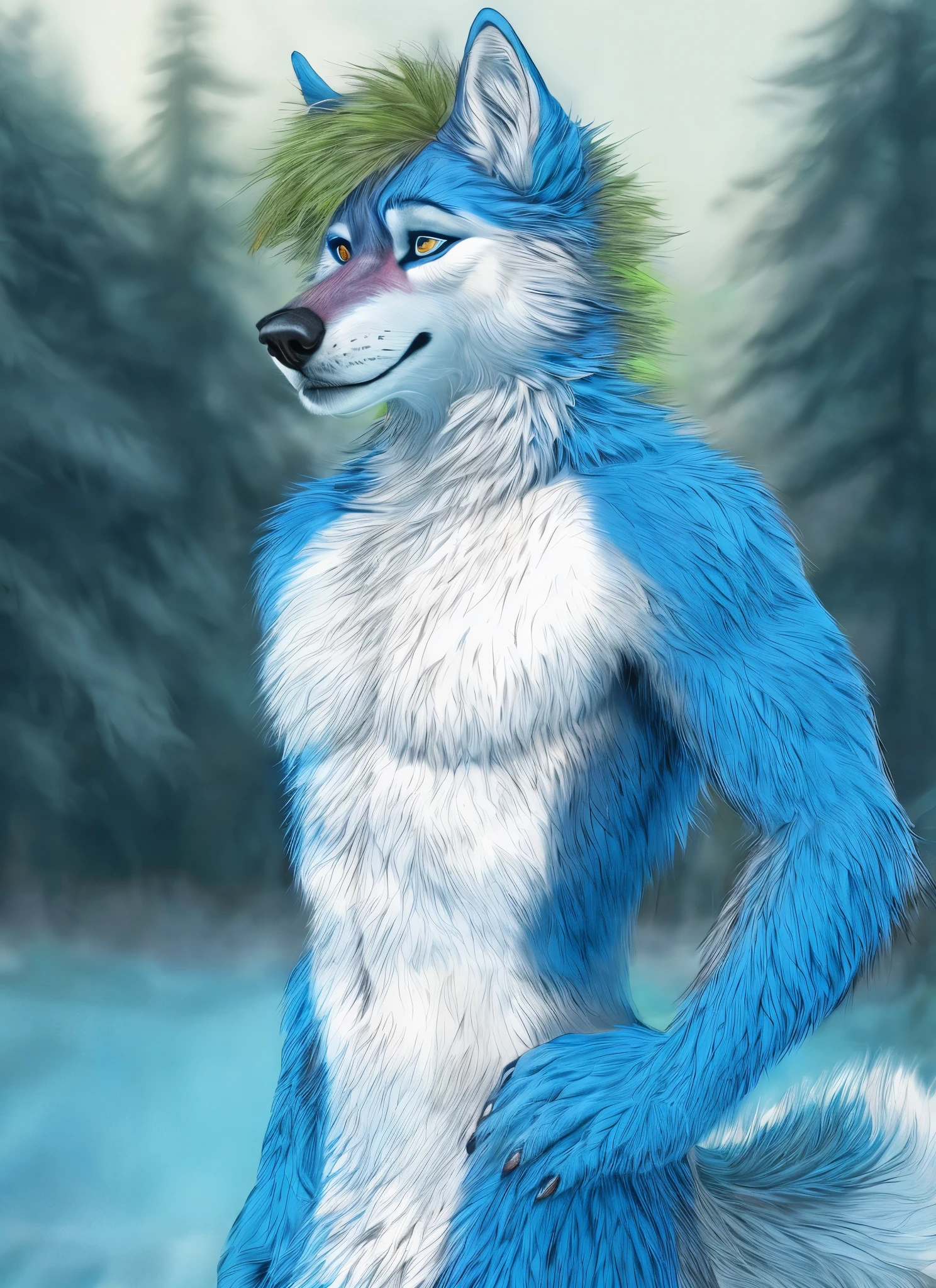 anthro husky man furry in the forest shirtless detailed fur long fur realistic fur digital art