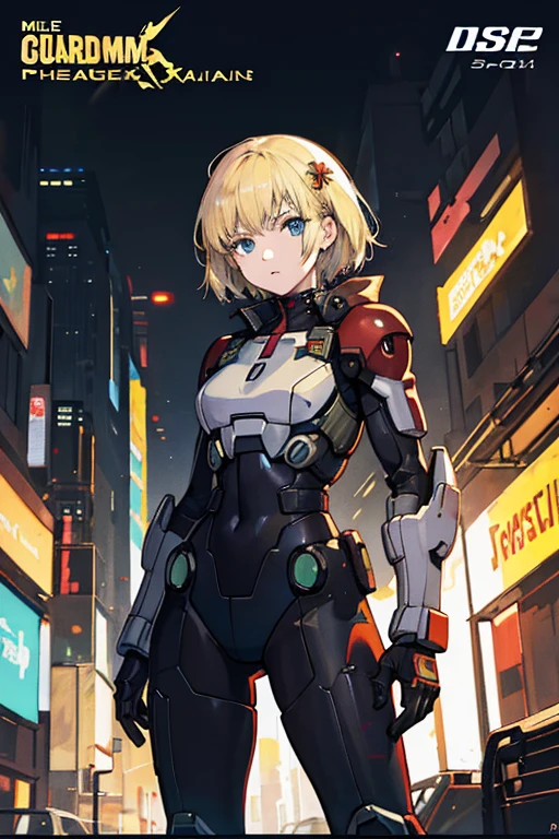 Masterpiece, Best Quality, 1 Girl, Medium, ((Album Cover)), Light on Face, Slim Body, Blonde, Short Hair, Exoskeleton, Metal Gear, Cyberpunk Style, Gundam