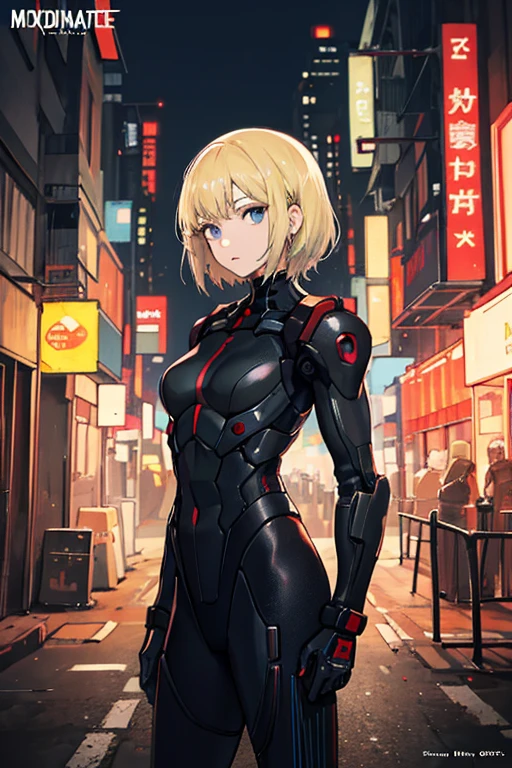 Masterpiece, Best Quality, 1 Girl, Medium, ((Album Cover)), Light on Face, Slim Body, Blonde, Short Hair, Exoskeleton, Metal Gear, Cyberpunk Style, Gundam