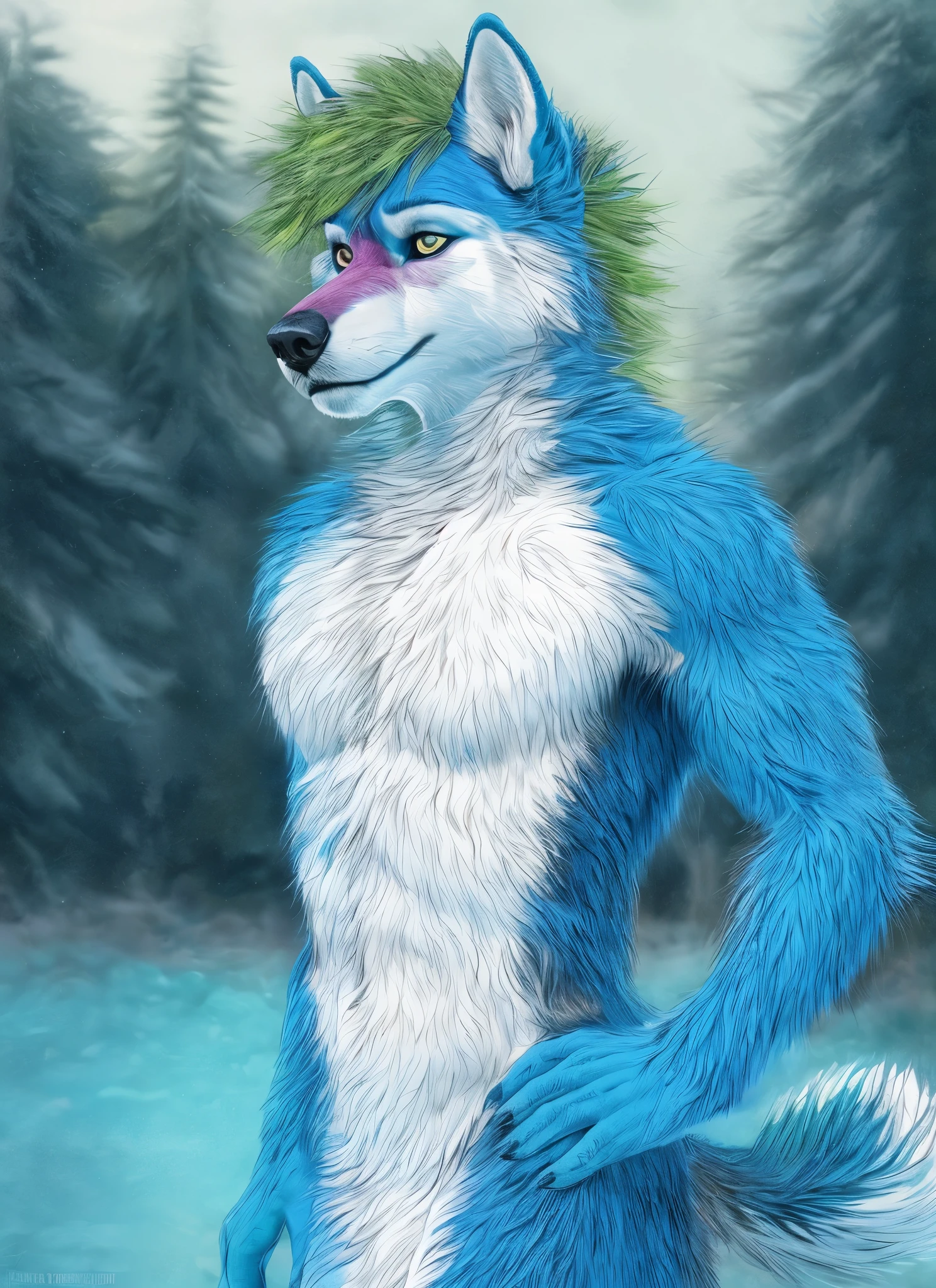 anthro husky man furry in the forest shirtless detailed fur long fur realistic fur digital art