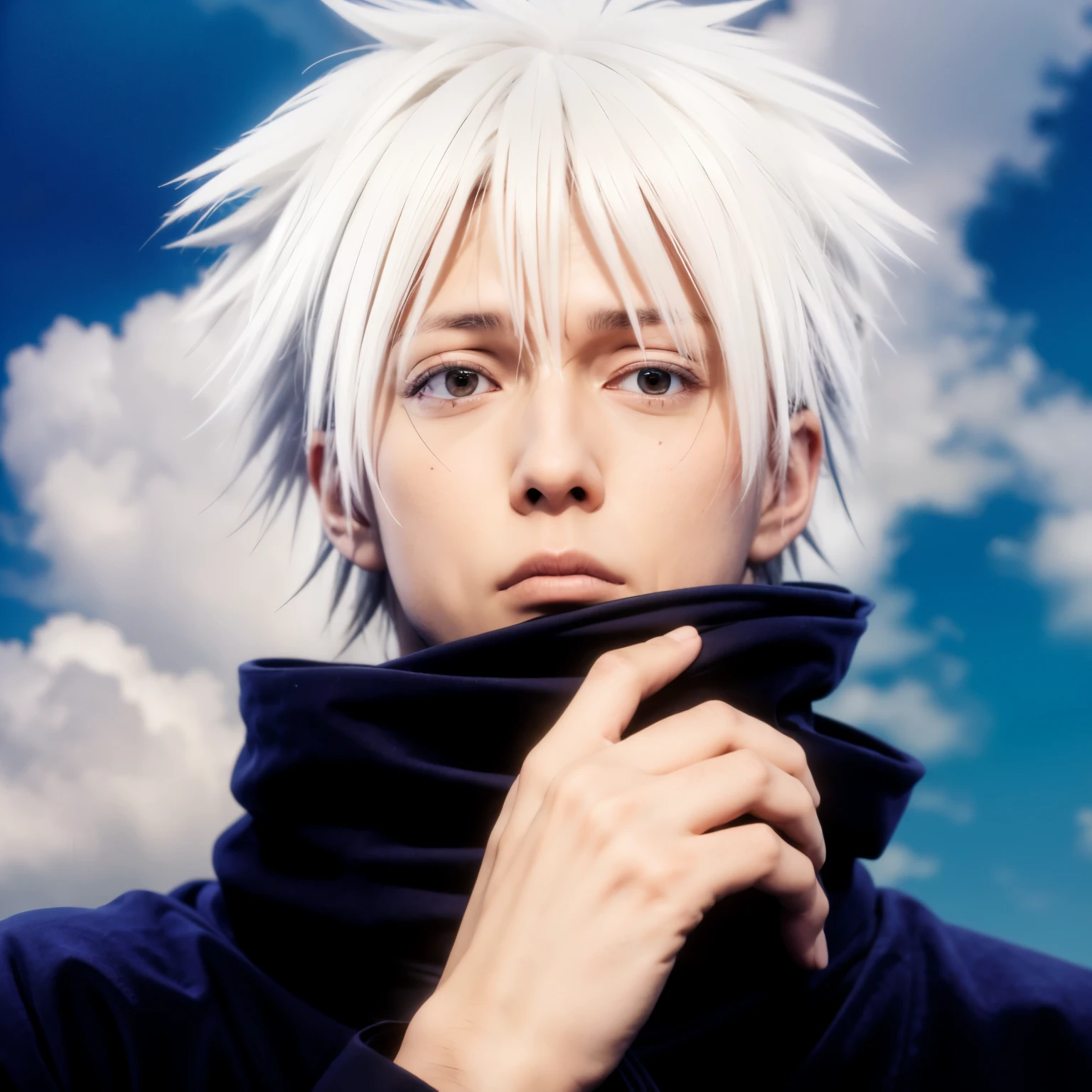 A man, gojo saturo(jujutsu kaisen), gojo, red eyes, cosplay, real, realistic, high resolution, real man, cosplay, gojo(jujutsu)