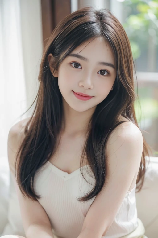 (baby-faceの女の子, Innocent smile, Illustration style, Intricately detailed eyes, Soft hair, Natural lighting, Vibrant colors, Harmonious composition, top-notch quality, High resolution, and photorealistic:1.37. baby-face, Flowing hair, Mini Camisole, thighs thighs thighs thighs、rosy cheeks