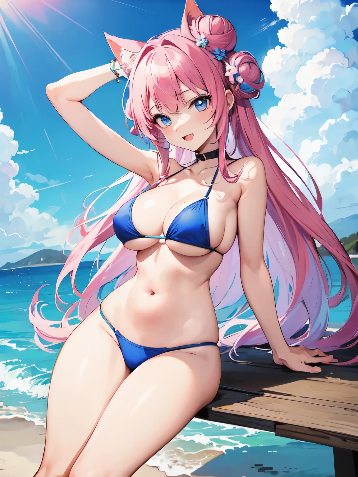 ((masterpiece, best quality)), High resolution, distinct image, (anime style:1.2), flat color, painting (1girl), (solo), (female Focus), dynamic pose ((nsfw)),  smile, open mouth, (blue bikini), pink hair, (long hair), (pink double bun hair 1.2), (blue eyes), (eyelashes), Sparkling eyes, (Perfect eyes:1.2), (Perfect iris:1.2),  (Perfect hands:1.2), (large breasts 1.4), beach, sand , seaside , oficial art