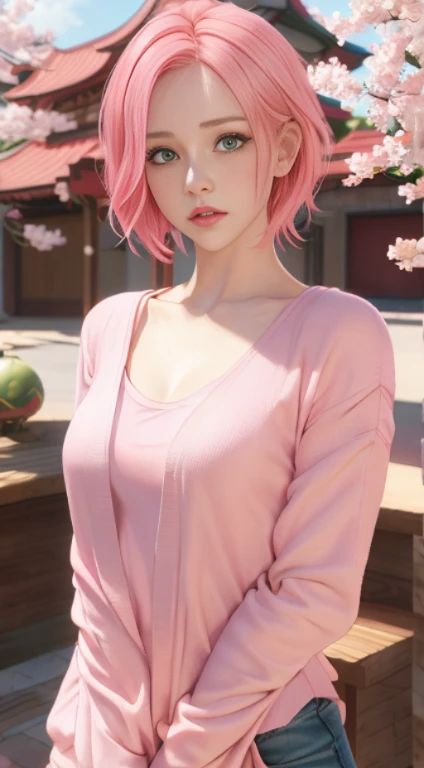 young woman, peach skin, short pink hair, wide forehead, big green eyes, buttoned nose, big pink lips, slender body, small breasts, red leather clothing, deep neckline, Sakura Haruno, 3d