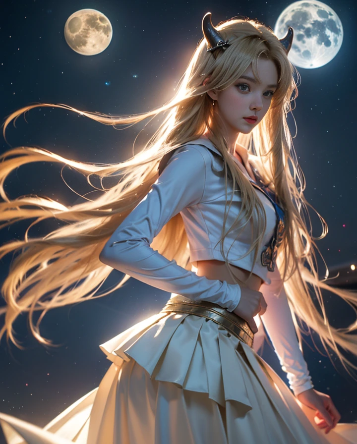 ((tmasterpiece)), ((Best quality)), (ultra - detailed), ((The content is very detailed)), 4K, (8K), Frontal view,Mariner Moon, Long blonde hair, dual horsetail,Mariner Moon美学,A beautyful girl,Puffy skirt,blue colors, dream core,