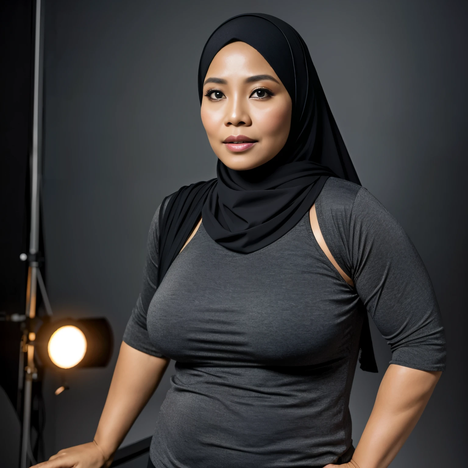 52 years Old, Hijab Indonesian mature woman, Large Tits : 96.9, Tight Long-Sleeves Tank Top, Slim body, Breast about To burst out, at Studio Photo, Dark light, at NightTime