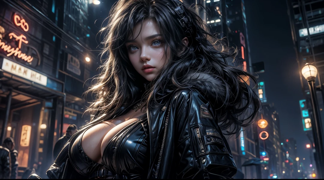 tmasterpiece,quality,Best quality at best,offcial art,(Beauty and aesthetics:1.2),(tmasterpiece:1.3),The cities of the future,cyber punk personage,one-girl,Fur coat,did not wear underwear,Sexy figure,looking at the camera in,(closeup cleavage:1.8),volume fog,snow cover,nevando,theatrical,Christmas Eve,natta