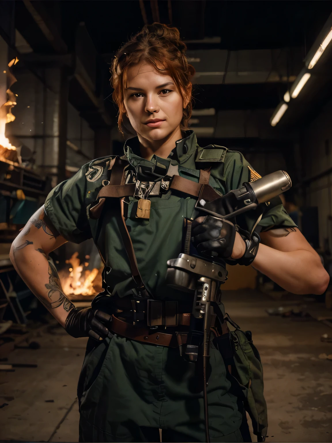 Hermosa mujer soldado, Cara alemana, piel blanca, pelo rojo natural trenzado, muscular, pecoso, He has a tattoo of an eagle on his arm, gray blue military uniform, tiene gafas de soldar en la cabeza, Belt with ammunition, con una de sus manos sostiene un soplete del que sale una llama, Del soplete sale un tubo., she is in an ultramodern military hangar, 4k, Ultra detallado image, realista, Altamente detallado, perfect composition, splendid, Intrincadamente detallado, Incredibly detailed, 8 k artistic photography, hiper detallado, Obra maestra, Ultra detallado, Hyper realista, 4k, Ultra detallado image, realista, Altamente detallado, perfect composition, splendid, Intrincadamente detallado, Incredibly detailed, 8 k artistic photography, hiper detallado, Obra maestra