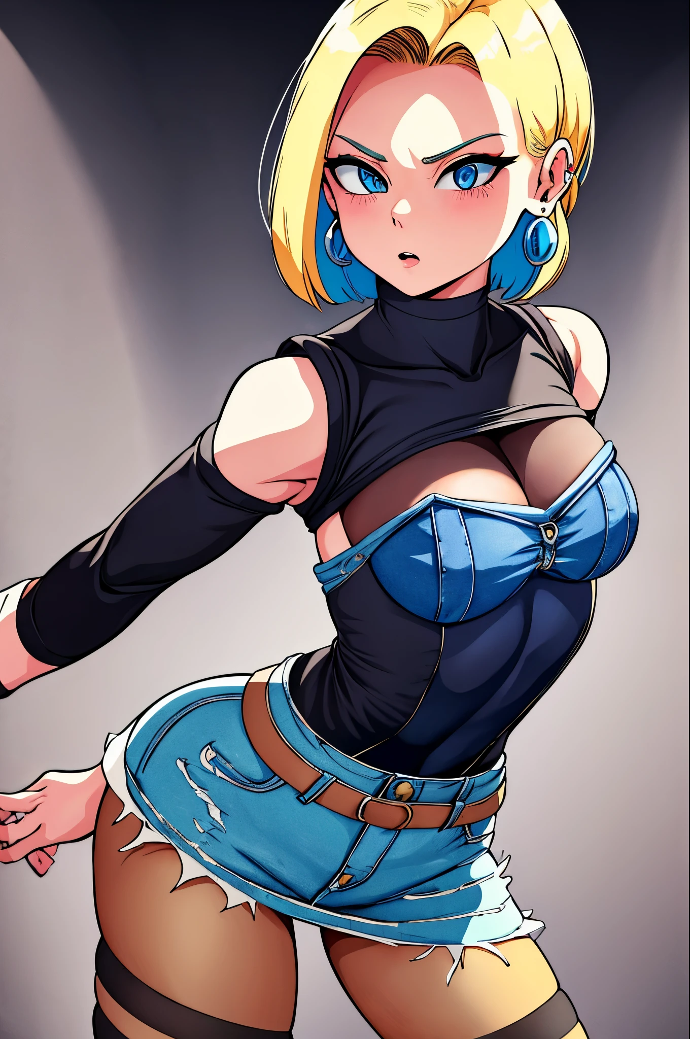 best quality, highres, and18, 1girl, android 18, solo, blonde hair, blue eyes, short hair, earrings, jewelry, denim vest, open vest, black pantyhose, black shirt, denim skirt, striped long sleeves, blue skirt, medium breasts, cowboy shot, street,  (Externally expanded Chest:1.2), (Strapless:1.2), off-the-shoulder, bent over, forest