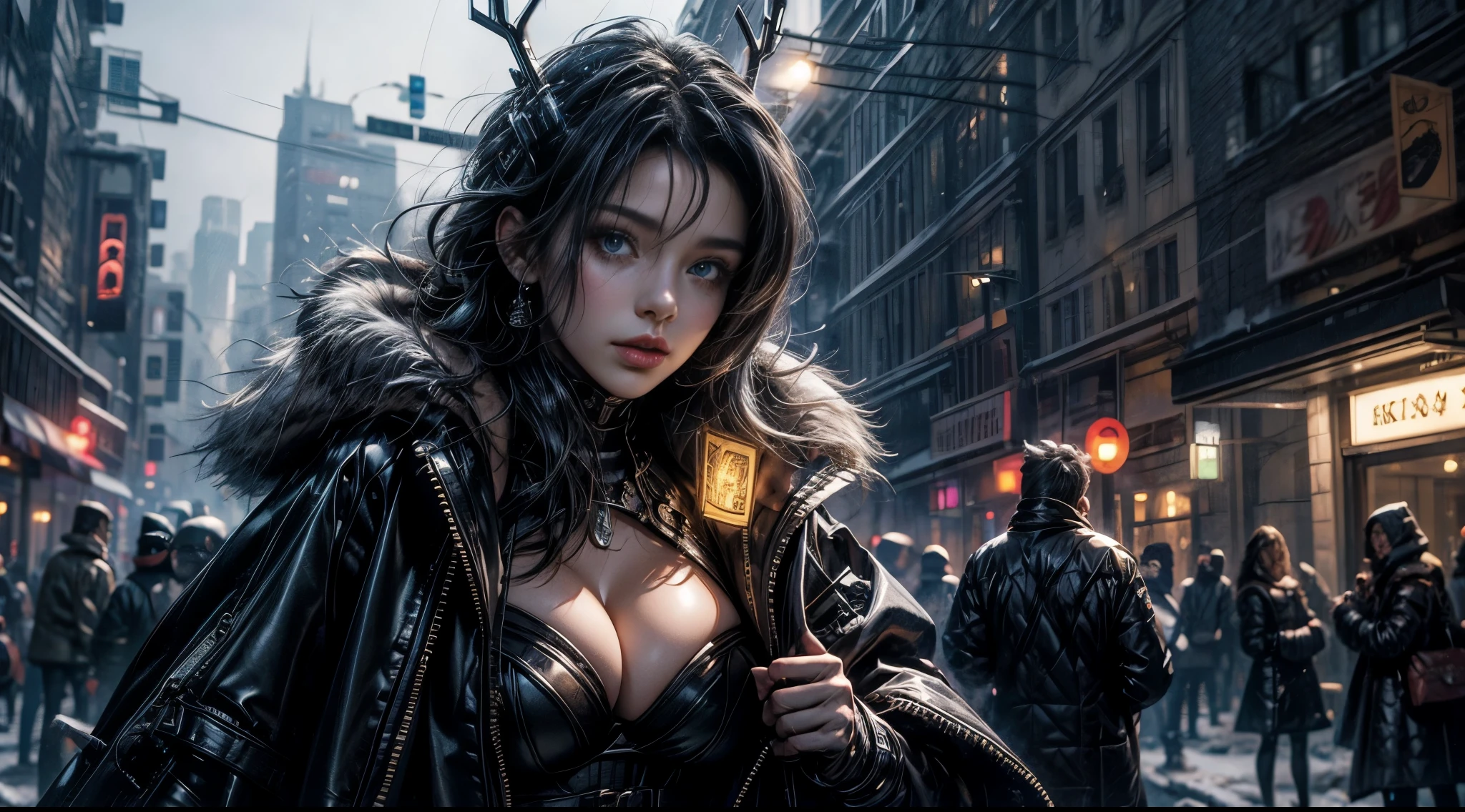 tmasterpiece,quality,Best quality at best,offcial art,(Beauty and aesthetics:1.2),(tmasterpiece:1.3),The cities of the future,cyber punk personage,one-girl,Fur coat,did not wear underwear,Sexy figure,looking at the camera in,(closeup cleavage:1.8),volume fog,snow cover,nevando,theatrical,Christmas Eve,natta