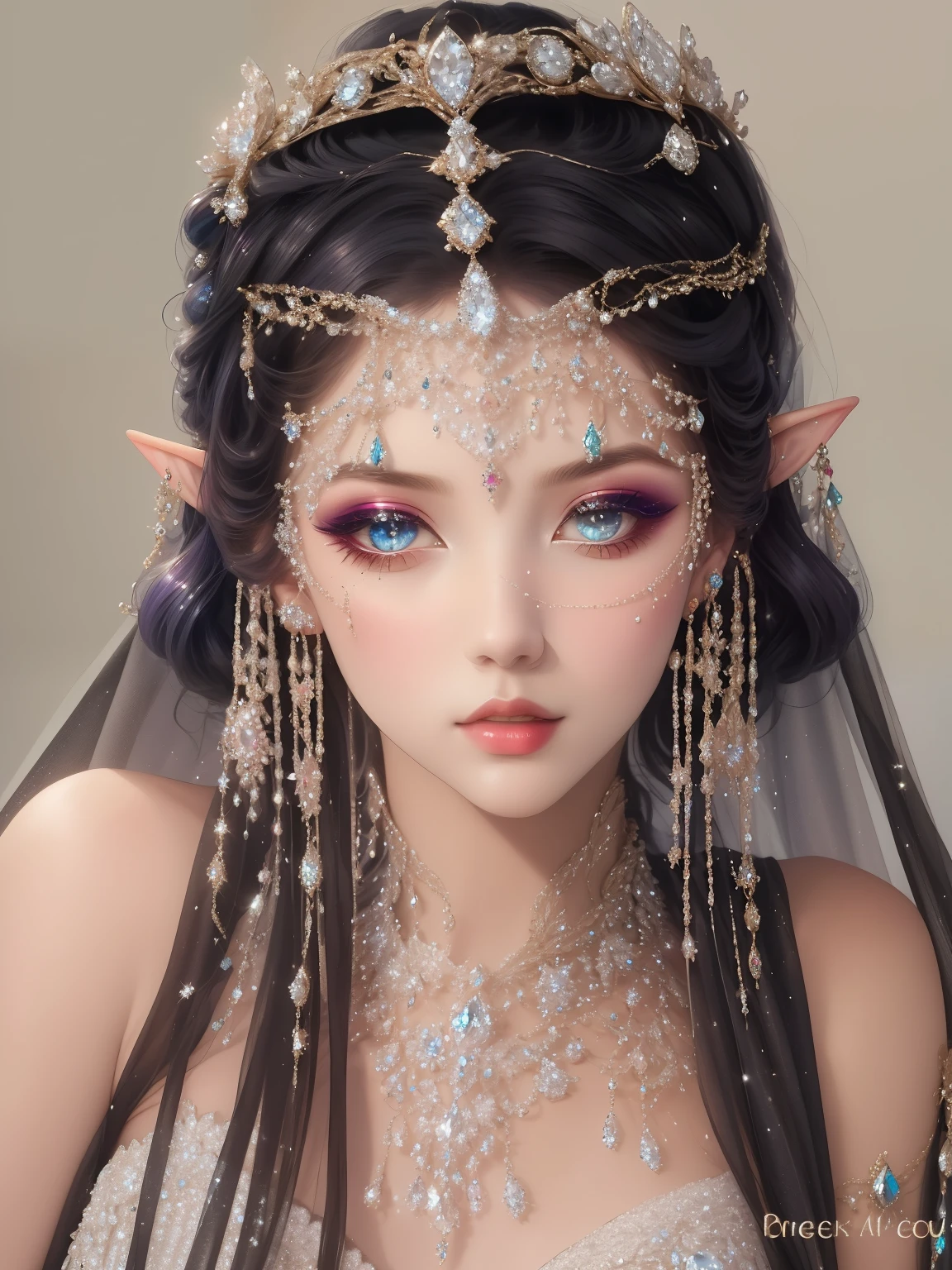 Close-up of woman wearing veil and headscarf, Forehead jewelry, Surreal Fantasy Headgear, Jewelry decoration on forehead, jeweled veil, beautiful fantasy queen beautiful fantasy queen)), dark witch tiara, jewelled headdress, headpiecehigh quality, EtherealBeauty, jellyfish headdress, beautiful and elegant elf queen