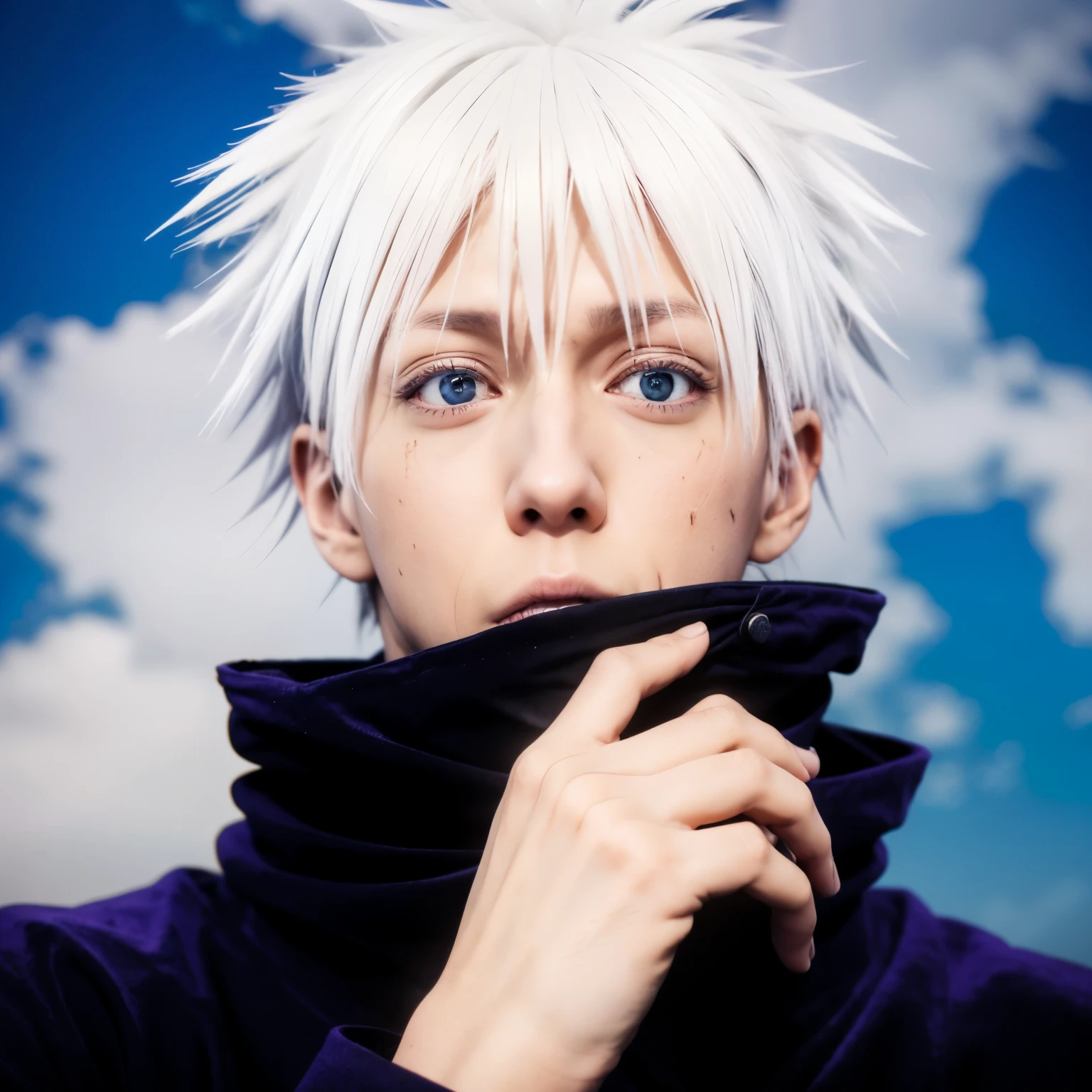 A man, gojo saturo(jujutsu kaisen), gojo, bleu eyes, cosplay, real, realistic, high resolution, real man, cosplay, gojo(jujutsu), Bleu eyes