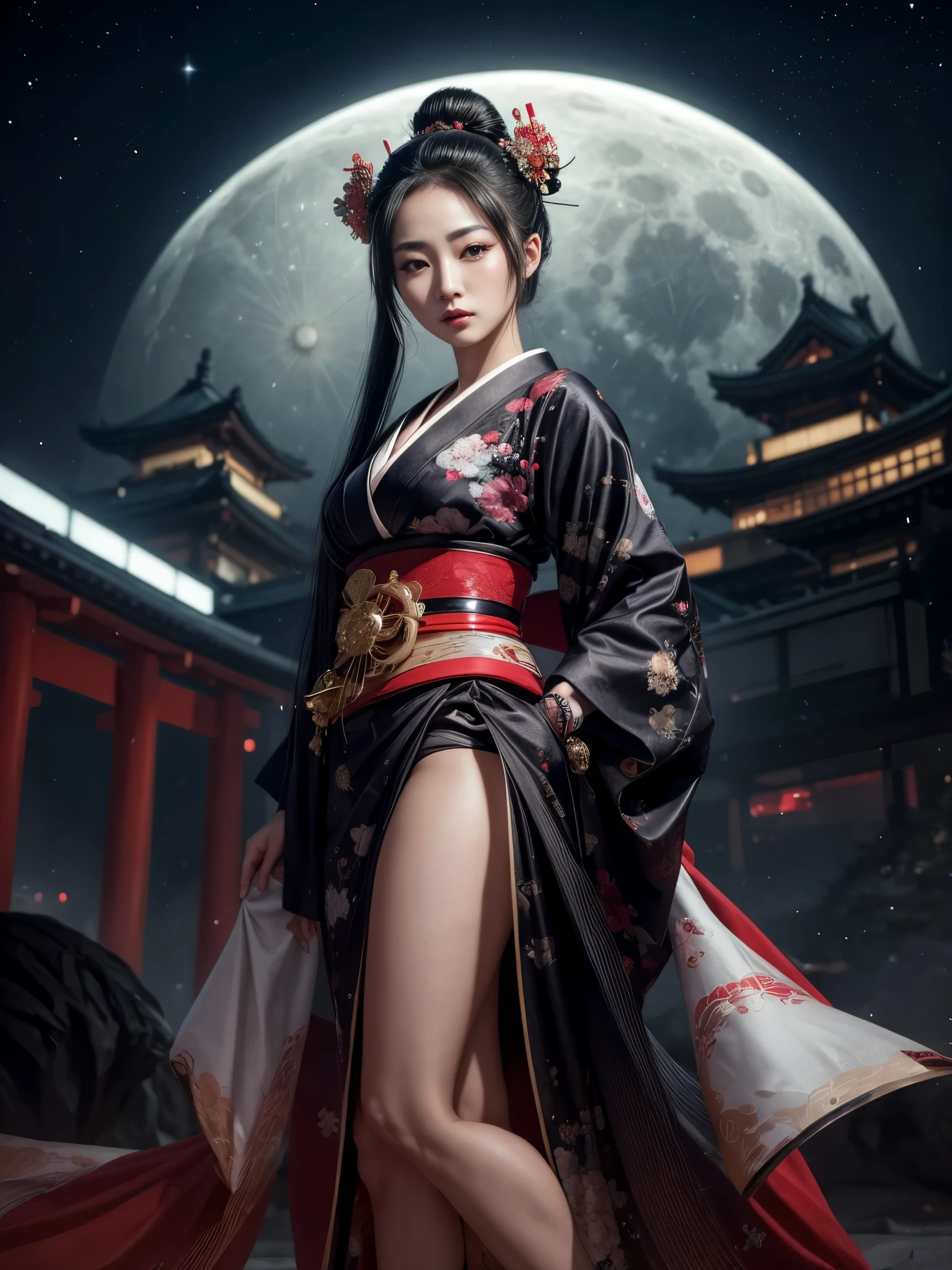there is a beautiful geisha, sexy, horny, cute, with long black hair (ponytail), with a bun on her head, with full breasts, full lips, beautiful eyes, wearing a beautiful long stylized kimono, standing in relief, and behind there is a futuristic city in a night sky, and a half full moon, hyperrealistic space geisha, photorealistic lunar elegant Japanese woman, cyberpunk geisha of intricate details, skilled geisha of the Japanese, geisha goddess of space.