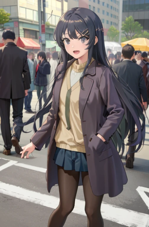 (masutepiece,Best Quality, Detailed), 1girl in, Solo Focus, Outdoors, Street, ((Large crowds)), day, Smile, Open mouth, sakurajima mai, gray coat，green long sweater，shortpants，Black tights，Short boots，I have my hands in my pockets，In the street