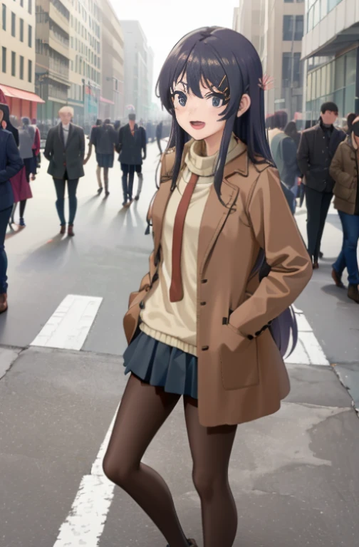 (masutepiece,Best Quality, Detailed), 1girl in, Solo Focus, Outdoors, Street, ((Large crowds)), day, Smile, Open mouth, sakurajima mai, gray coat，green long sweater，shortpants，Black tights，Short boots，I have my hands in my pockets，In the street