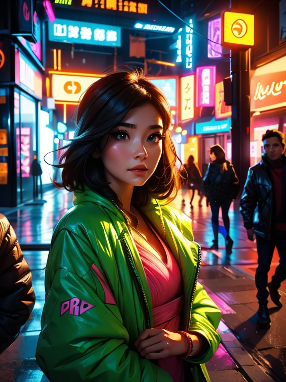 a pretty woman in a neon firegami dress in the streets, hdr pro digital studio portrait, young, front, highly detailed, clear, high quality, hyper-detailed, 4k, ultra smooth, cinematic lighting, lighting on the face, pink glow