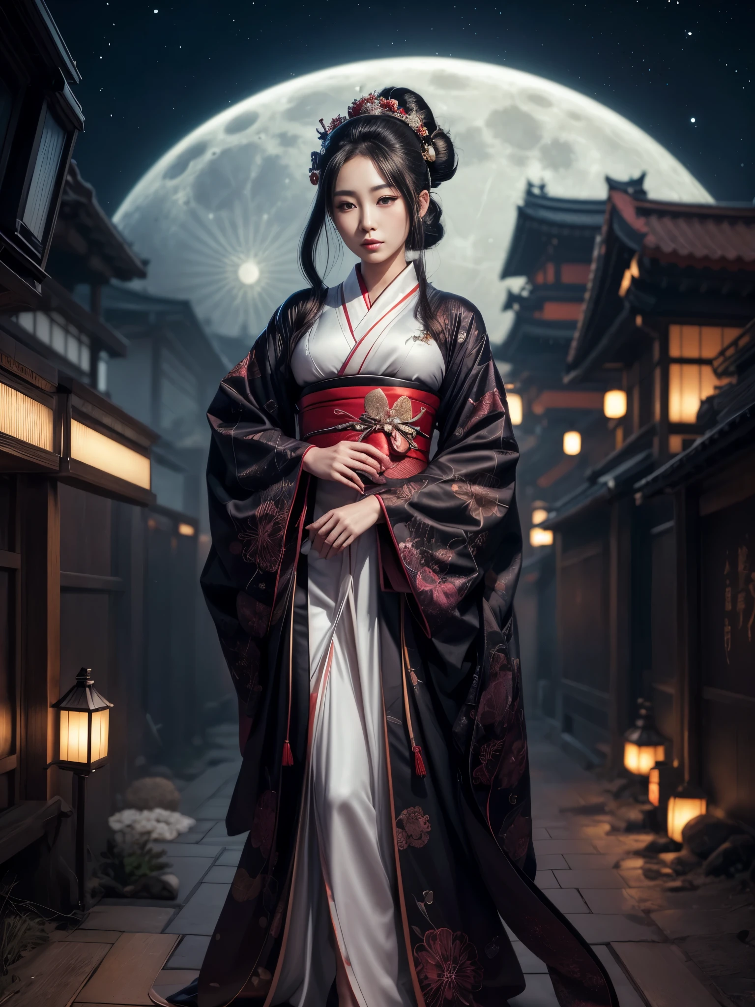 there is a beautiful geisha, sexy, horny, cute, with long black hair (ponytail), with a bun on her head, with full breasts, full lips, beautiful eyes, wearing a beautiful long stylized kimono, standing in relief, and behind there is a futuristic city in a night sky, and a half full moon, hyperrealistic space geisha, photorealistic lunar elegant Japanese woman, cyberpunk geisha of intricate details, skilled geisha of the Japanese, geisha goddess of space.