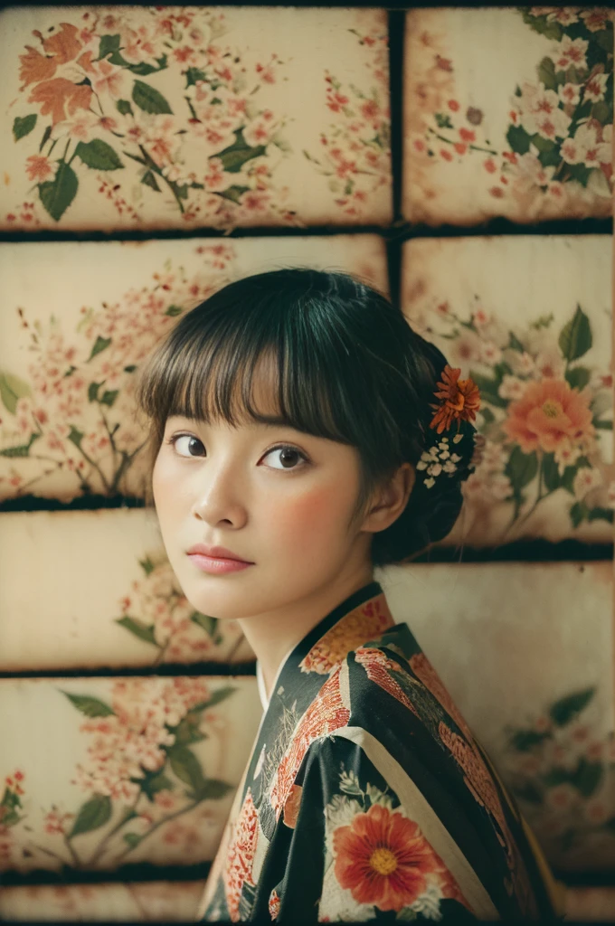 (Flicker effect:1.4)(analog film photo:1.4)(vintage photo:1.4)(portra 400:1.3)(instant film:1.3)(in front of a textiled Shoji:1.2)( woman in a floral textile kimono:1.2)1 woman, portrait, Korean idols, japanese beauty, high quality, (detailed face:1.4) best quality,8k