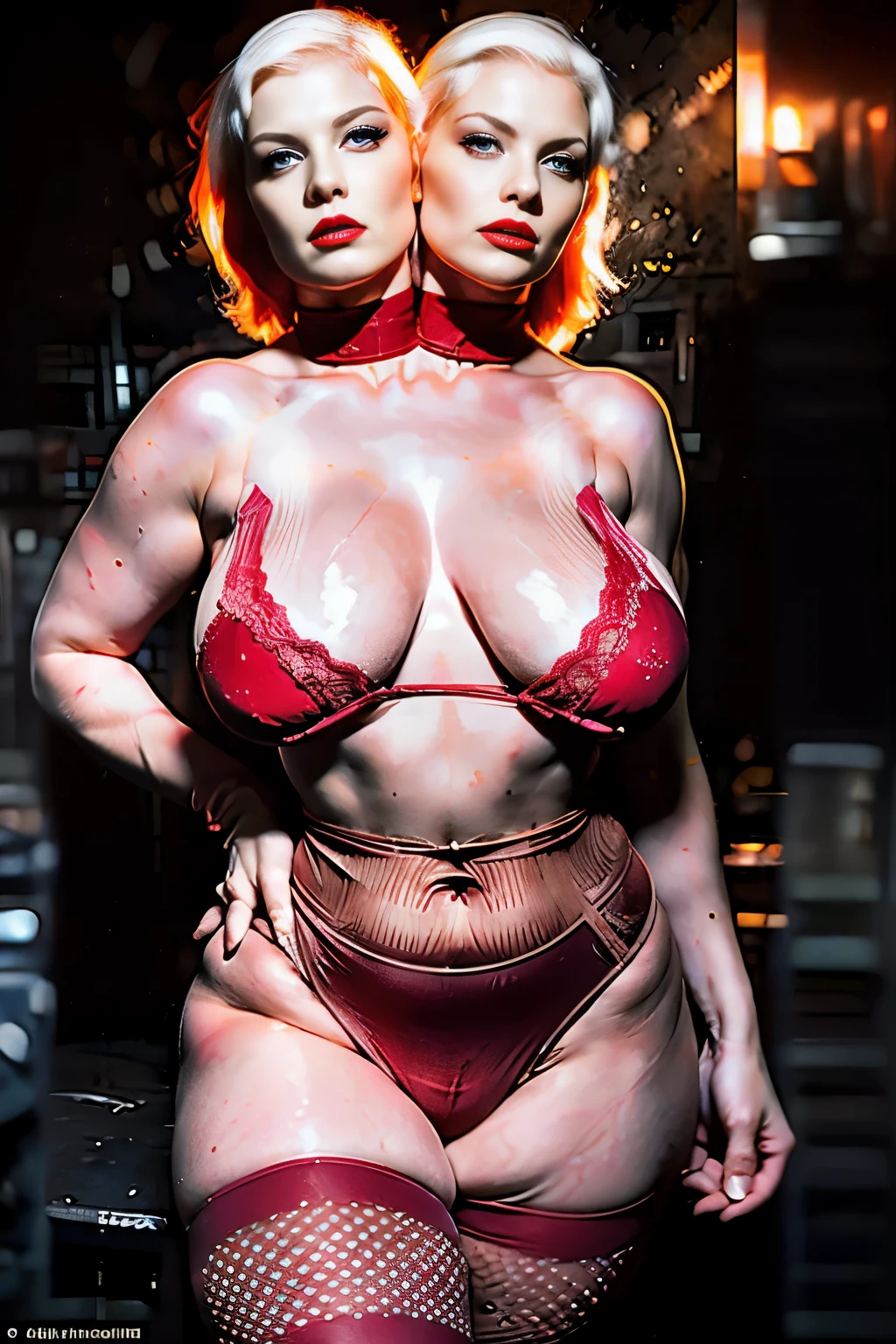 1woman, (((very pale albino white skin))), 50 years old, (middle aged), obese, crows fit, thick body, thick torso, round face, thick thighs, red Mohawk, wearing a red mask,  double chin, thick neck, (sagging breasts), medium breasts covered by red fishnet bra, (breasts apart), (breastsapart), red corset, red body stocking, background is a dark cave with large fires burning wildly and molten labs with a red smoking sky visible at a distance, photography, realistic, 8K, she looks at the viewer in contempt, red lipstick, red eye shadow, green eyes, full body, (((2heads))), high quality, best quality, masterpiece