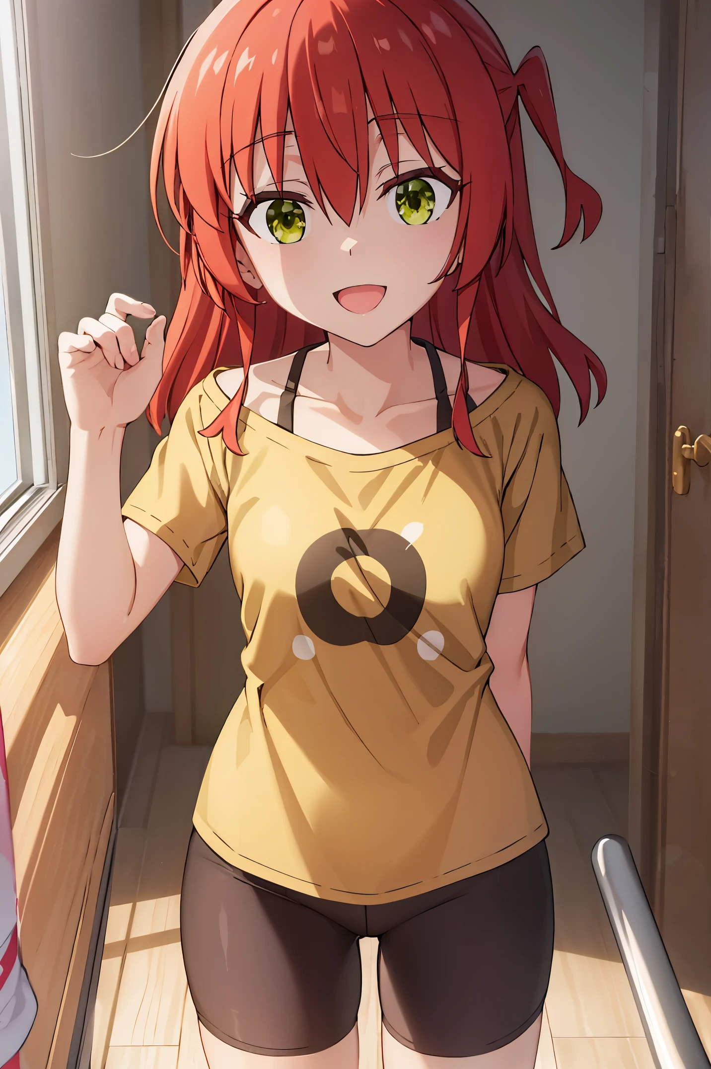 Room, 1 girl, best quality, ultra high res, long hair, red hair, green eyes, yellow shirt, short sleeves, bike shorts, looking at viewers, small breast, standing, pov, slim body, loli body, small body, smile, open mouth