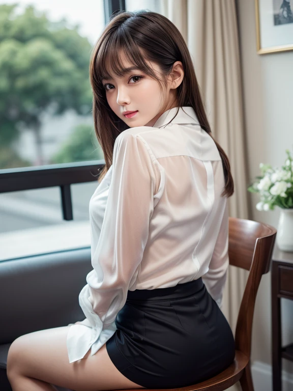 (8k, RAW photo, best quality, masterpiece:1.2),(realistic, photo-realistic:1.4), Correct human fingers, manicure, SIGMA lens, 85mm f/1.4., (hands between legs:1.2), depth of fields, (bokeh:1.3), ultra-detailed, extremely detailed, hyperrealistic, (cute Japanese actress, extremely detailed skin: 1.2), 20 years old, extremely detailed face, pale skin, brown eyes, embarrassed, (back shot, looking at viewer), big ass, ((see-through white formal shirt)), business suits, black skirt, black stockings, navy underwear, simple living room, wooden chair, seductive