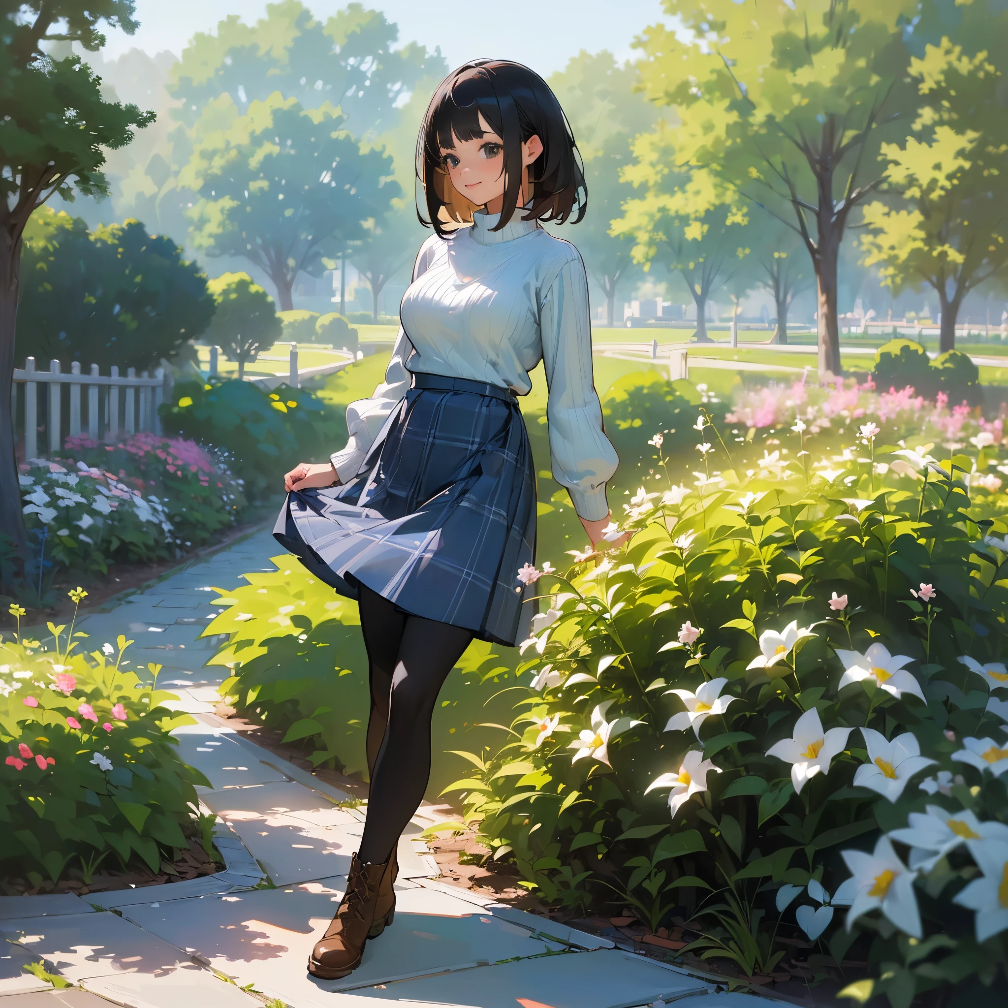 (High quality, High resolution, Ultra-detailed, Realistic:1.37), peaceful ambiance, (plein air, garden), Teenage girl standing alone, (My breasts are big.), Beautiful detailed features, Cute smile, (Black bob hair), Ribbed sweater, blue plaid skirt, Black tights, Brown boots.