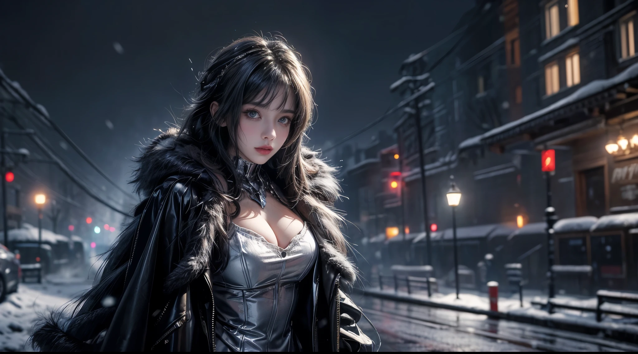 tmasterpiece，quality，Best quality at best，offcial art，（Beauty and aesthetics：1.2），（tmasterpiece：1.3），The cities of the future，cyber punk personage，one-girl，Fur coat，did not wear underwear，Sexy figure，looking at the camera in，（closeup cleavage：1.8），volume fog，snow cover，nevando，theatrical，Christmas Eve，natta