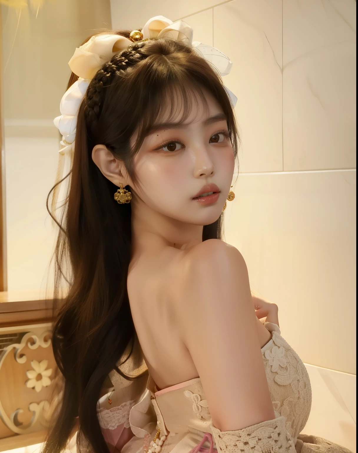 there is a woman with long hair posing for a picture, beautiful south Mulher coreana, maquiagem sul-coreana popular, menina coreana, maquiagem coreana popular, young adorable korean face, gorgeous young Mulher coreana, beautiful young Mulher coreana, Ulzzang, wan adorable korean face, Mulher coreana, korean face features, beautiful aesthetic face, com rosto redondo, young cute wan asian face