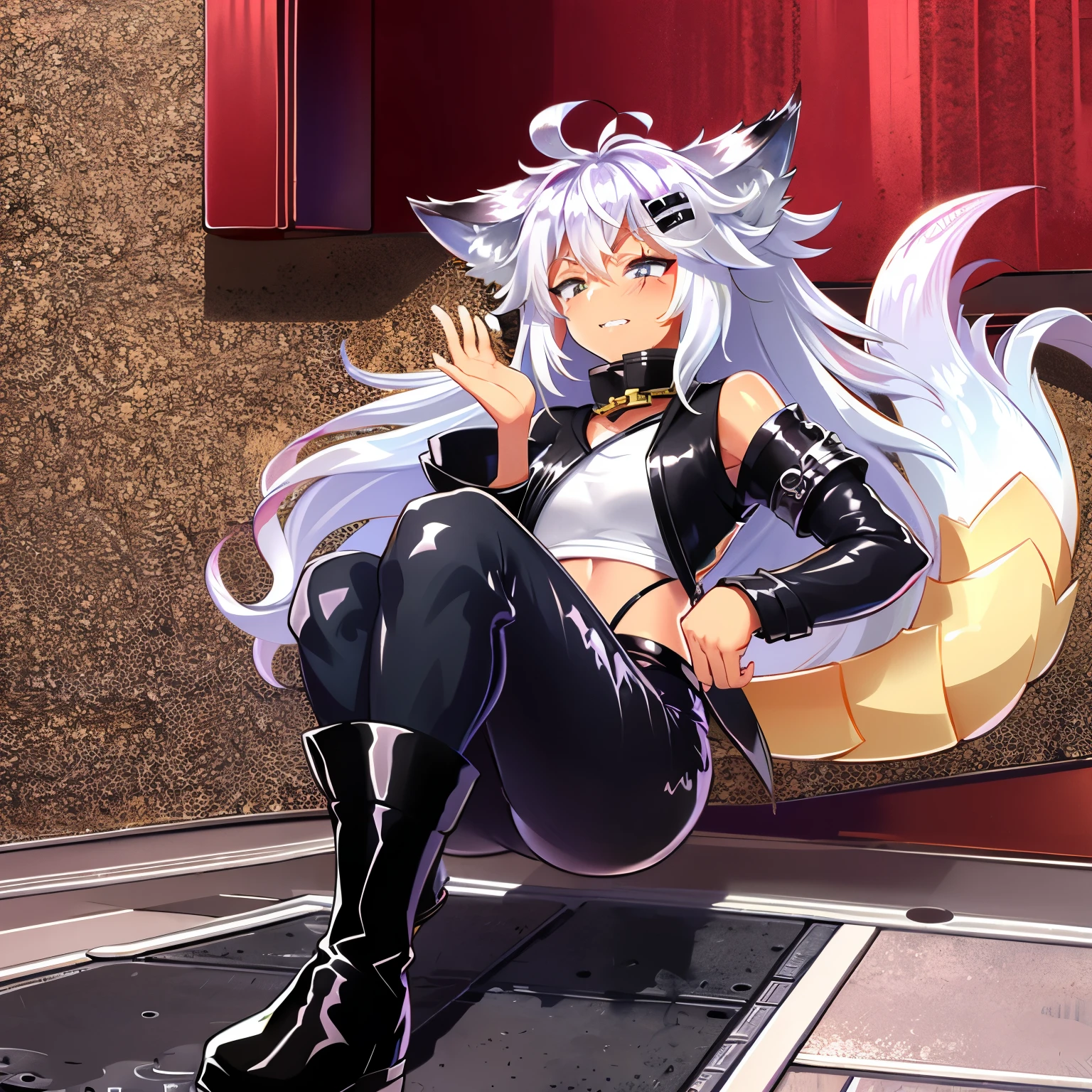 8k, resolution, high quality, high resolution, best quality, best resolution, absurd resolution, ray tracing, high detailed, masterpiece, shoulder length white hair, female,white wolf ears, teenage girl, slim body, white scale dragon tail,black combat boots,dark camo pants, black t-shirt, white jacket, medium size chest, detailed blue eyes, beautiful face,solo female,1 dragon tail