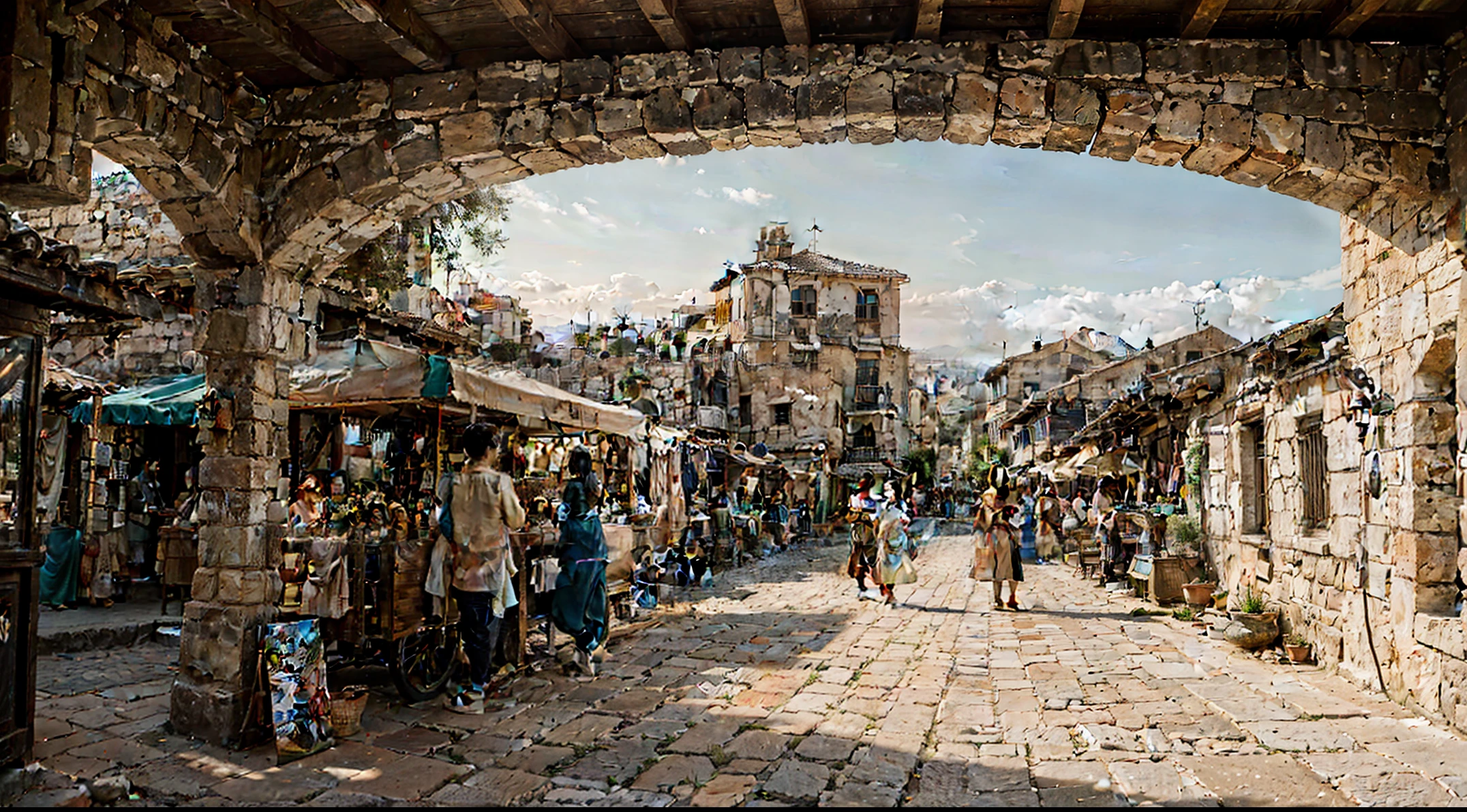 ancient group of people, men from 2000 BC, tunic clothing, natural scenery, beautiful detailed eyes, realistic, vivid colors, soft lighting, oil painting, fine brush strokes, historical painting, peaceful atmosphere, rustic setting, ancient architecture, bustling marketplace, intricate patterns, winding roads, dusty cobblestones, golden sunset, bustling trade, exotic fruits, aromatic spices, camel caravans, vibrant tapestries, lively conversations, rich cultural exchange, distant mountains, sprawling fields, flowing rivers. (best quality, highres, ultra-detailed), antique, majestic, historical, ancient civilization, serene, timeless, monumental.