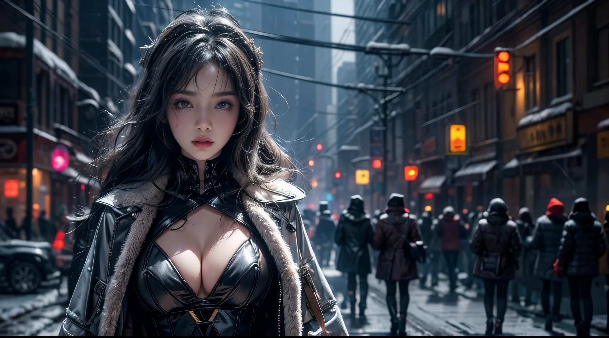 tmasterpiece,quality,Best quality at best,offcial art,(Beauty and aesthetics:1.2),(tmasterpiece:1.3),The cities of the future,cyber punk personage,one-girl,Fur coat,did not wear underwear,Sexy figure,looking at the camera in,(closeup cleavage:1.8),volume fog,snow cover,nevando,theatrical,Christmas Eve,natta