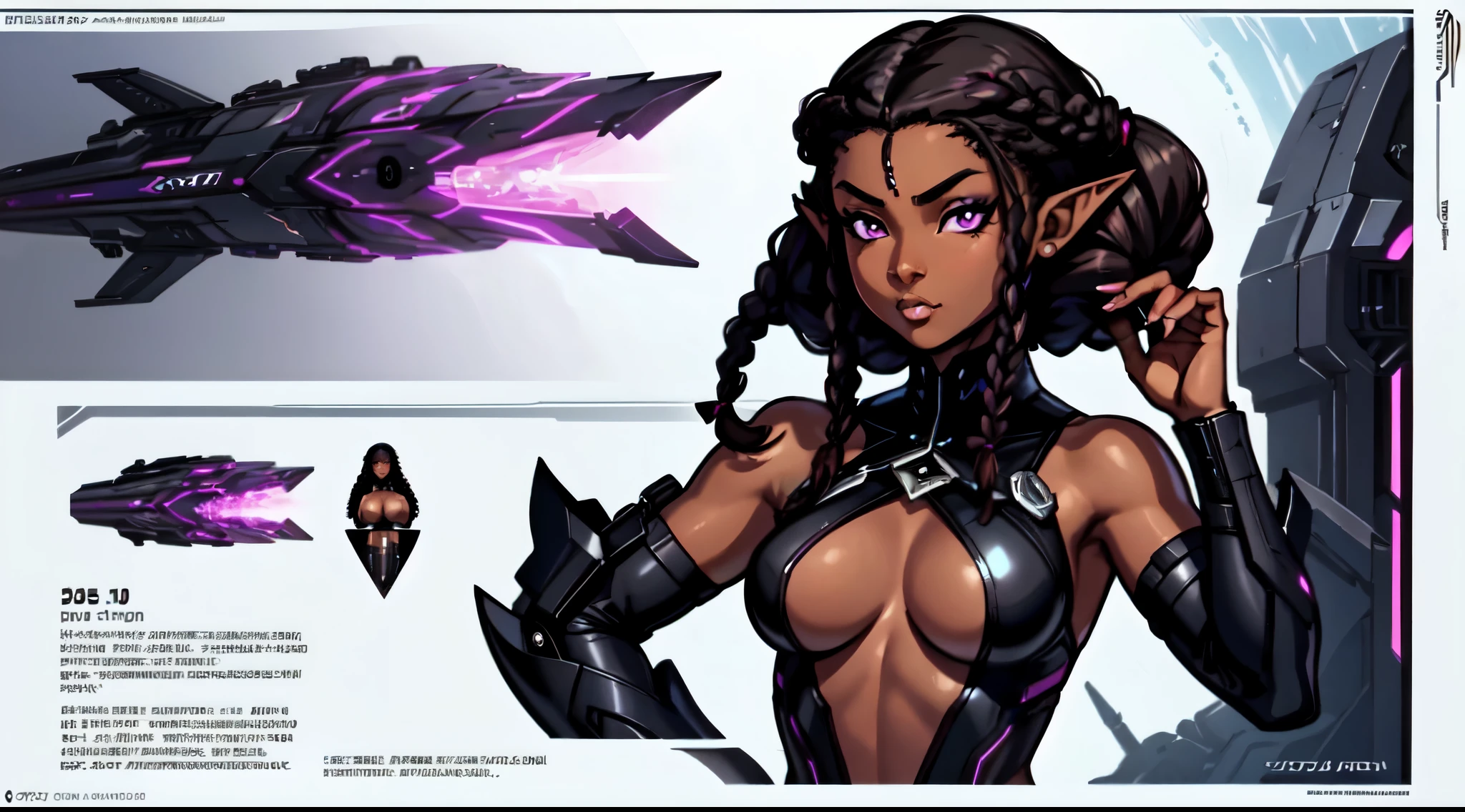(Concept Art) of an (African-American) female, with long dark (black braids), purple eyes, dark (brown skin), (pointed ears), (slutty assassin), (sexy) black attire, (lust) demon, (Sci-fi) fantasy, (medium shot), perfect composition, 4K, high quality, (perfect eyes), trending art, sharp focus, studio photo, (Pin-up) pose