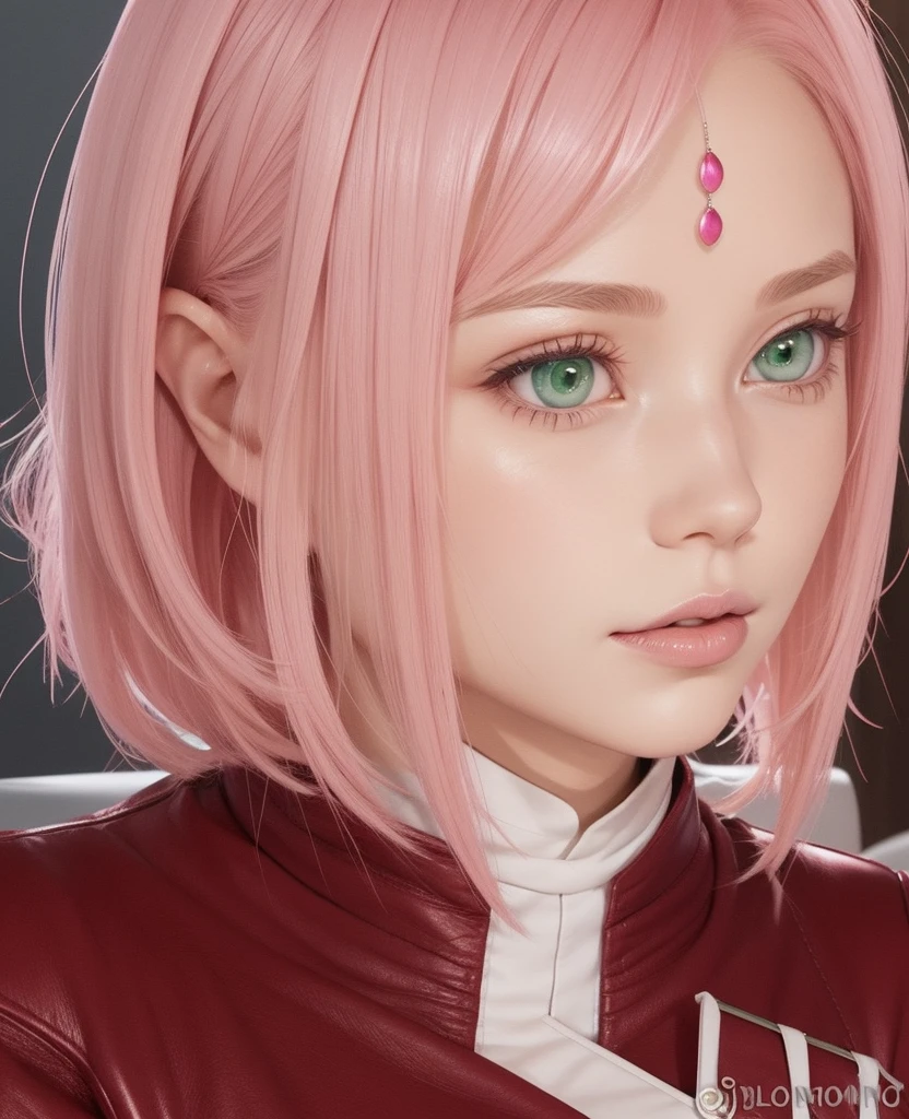 young woman, peach skin, short pink hair, wide forehead, big green eyes, buttoned nose, big pink lips, slender body, small breasts, red leather clothing, deep neckline, Sakura Haruno, 3d