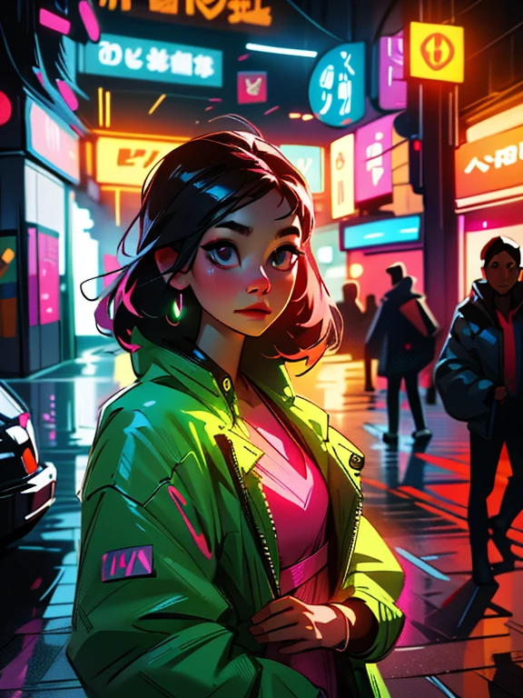 a pretty woman in a neon firegami dress in the streets, hdr pro digital studio portrait, young, front, highly detailed, clear, high quality, hyper-detailed, 4k, ultra smooth, cinematic lighting, lighting on the face, pink glow