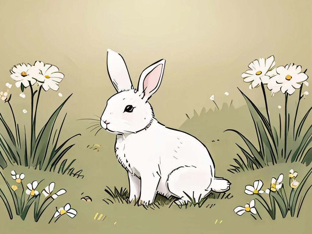 simple line art of rabbit in grass with flowers
