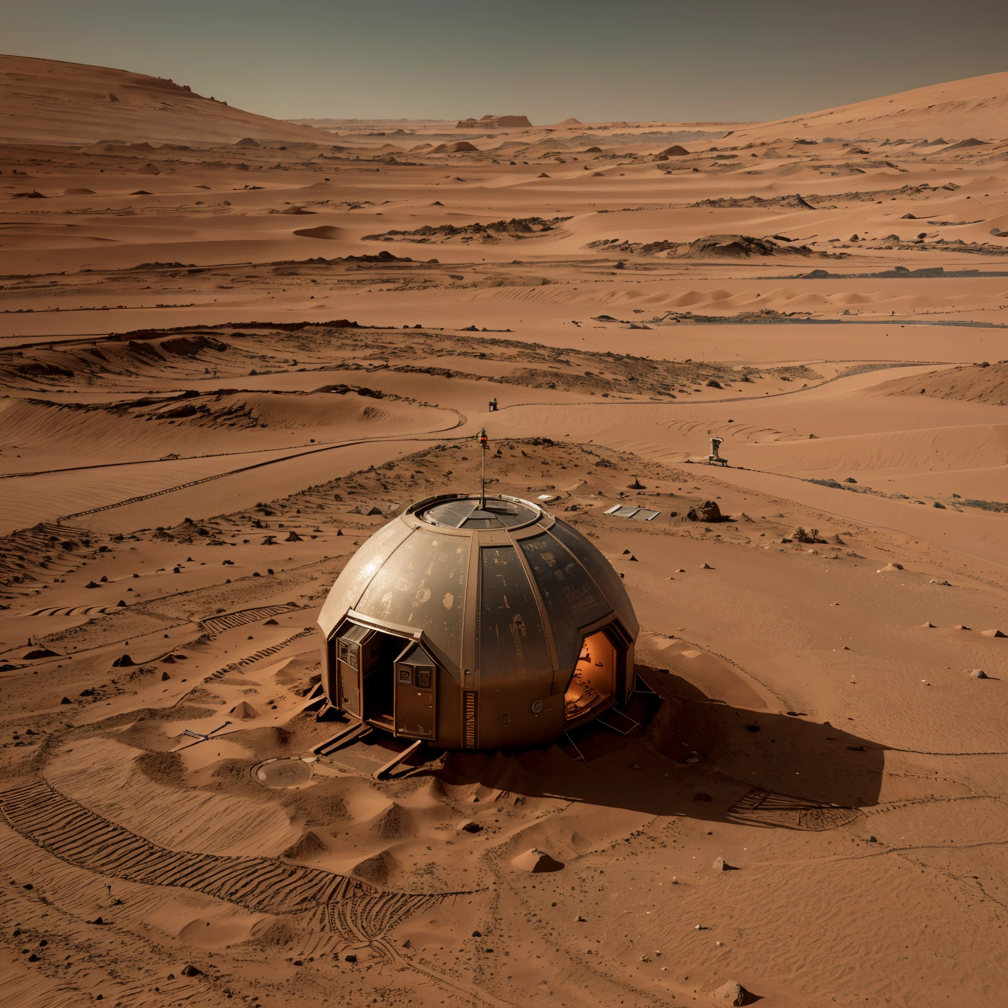 create an animated image of a housing city on Mars highlights the need for advanced technologies, sustainable innovation and adaptation to unique Martian conditions to create a livable, self-sufficient environment on the Red Planet.