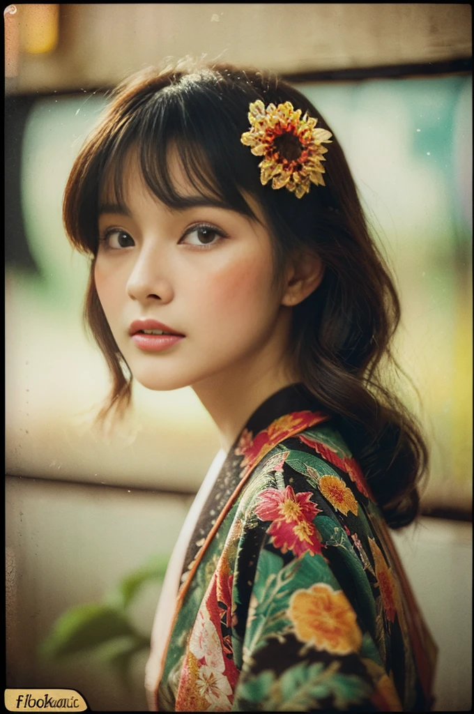 (Flicker effect:1.4)(analog film photo:1.4)(vintage photo:1.4)(portra 400:1.3)(instant film:1.3)(in front of a textiled Shoji:1.2)( woman in a floral textile kimono:1.2)1 woman, portrait, Korean idols, japanese beauty, high quality, (detailed face:1.4) best quality,8k
