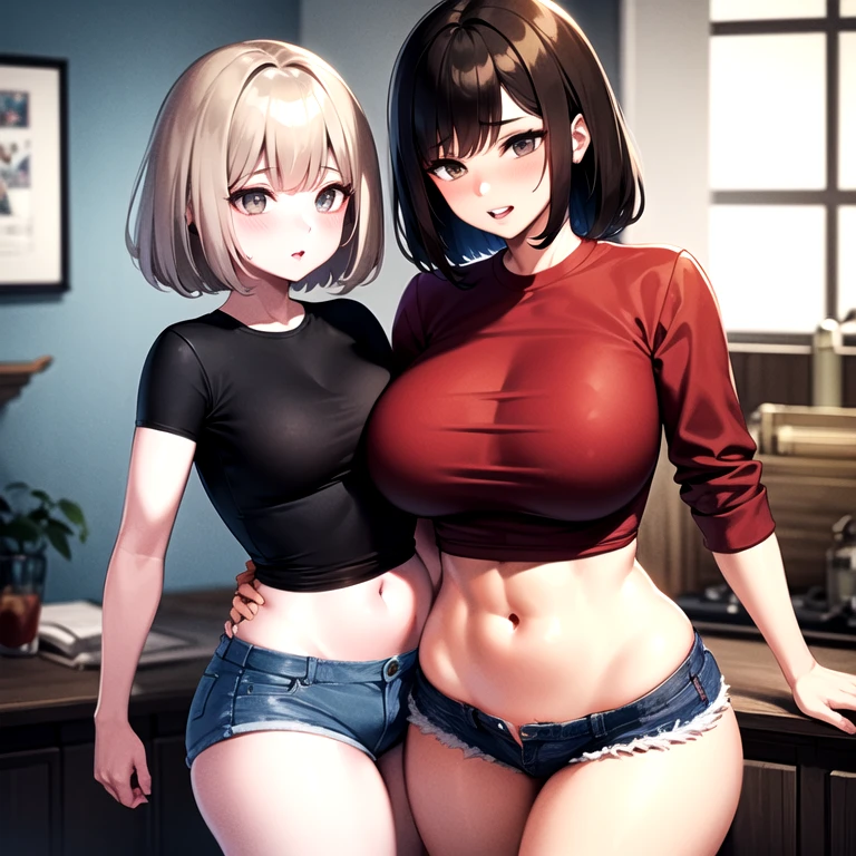 masterpiece, best quality, child, sisters, siblings, age difference:1.4, 2girls, size difference, height difference, (1girl, older girl, onee-san, big sister, parted lips:1.2, thick eyelashes, thick lips:1.4, medium hair, light brown hair, grey eyes, black shirt:1.4, long sleeves, pants, denim, tight shirt, see-through, big breasts, narrow waist, wide hips), (1girl, very short hair, brown hair, brown eyes, red shirt, short sleeves, black shorts), indoors