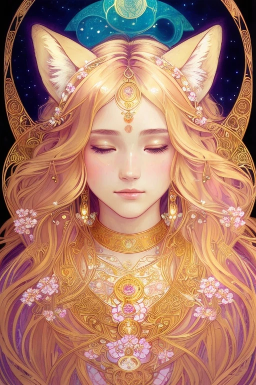 (best quality, 4k, highres, masterpiece:1.2), ultra-detailed, (realistic, photorealistic, photo-realistic:1.37), portraits, Alphonse Mucha and Gustav Klimt inspired, pretty, cute, goddess with fox ears and tail, kitsune, intricate patterns, vibrant colors, ethereal atmosphere, delicate sakura flowers, graceful posture, flowing hair, elaborate accents, dreamy lighting