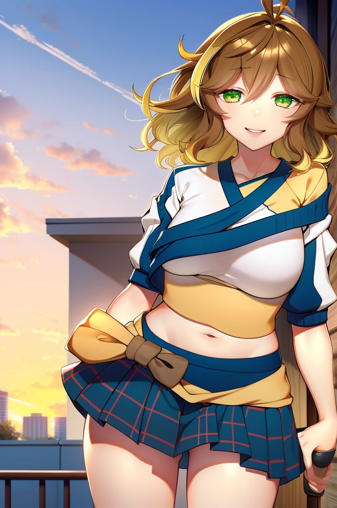 amicia michella - nijisanji, anime style, 1girl, detailed brown short hair, yellow inner hair, wavy thick hair, green eyes, thin lips, painted lips, shy smile face, wide hips, thick thighs, huge round ass, shiny oily breasts, white shirt, navy blue necktie, light blue pleated skirt, plaid pleated skirt, gyaru, full body, sunset, city