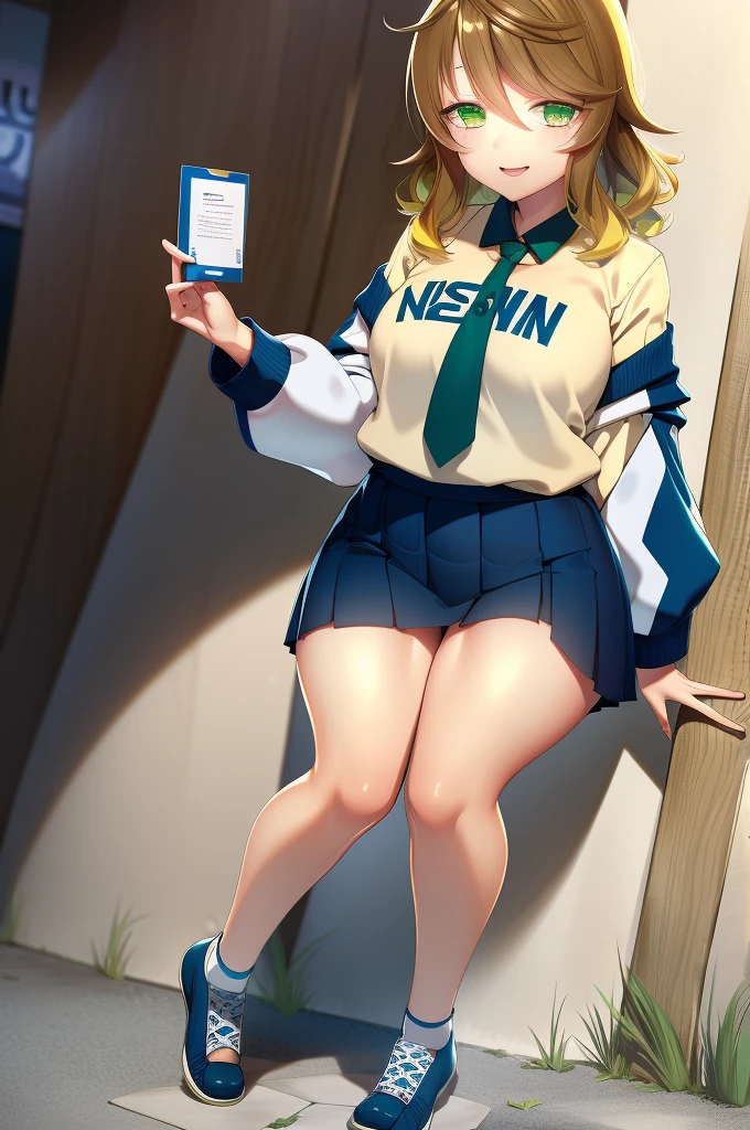 amicia michella - nijisanji, anime style, 1girl, detailed brown short hair, yellow inner hair, wavy thick hair, green eyes, thin lips, painted lips, shy smile face, wide hips, thick thighs, huge round ass, shiny oily breasts, white shirt, navy blue necktie, light blue pleated skirt, plaid pleated skirt, gyaru, full body, sunset, city