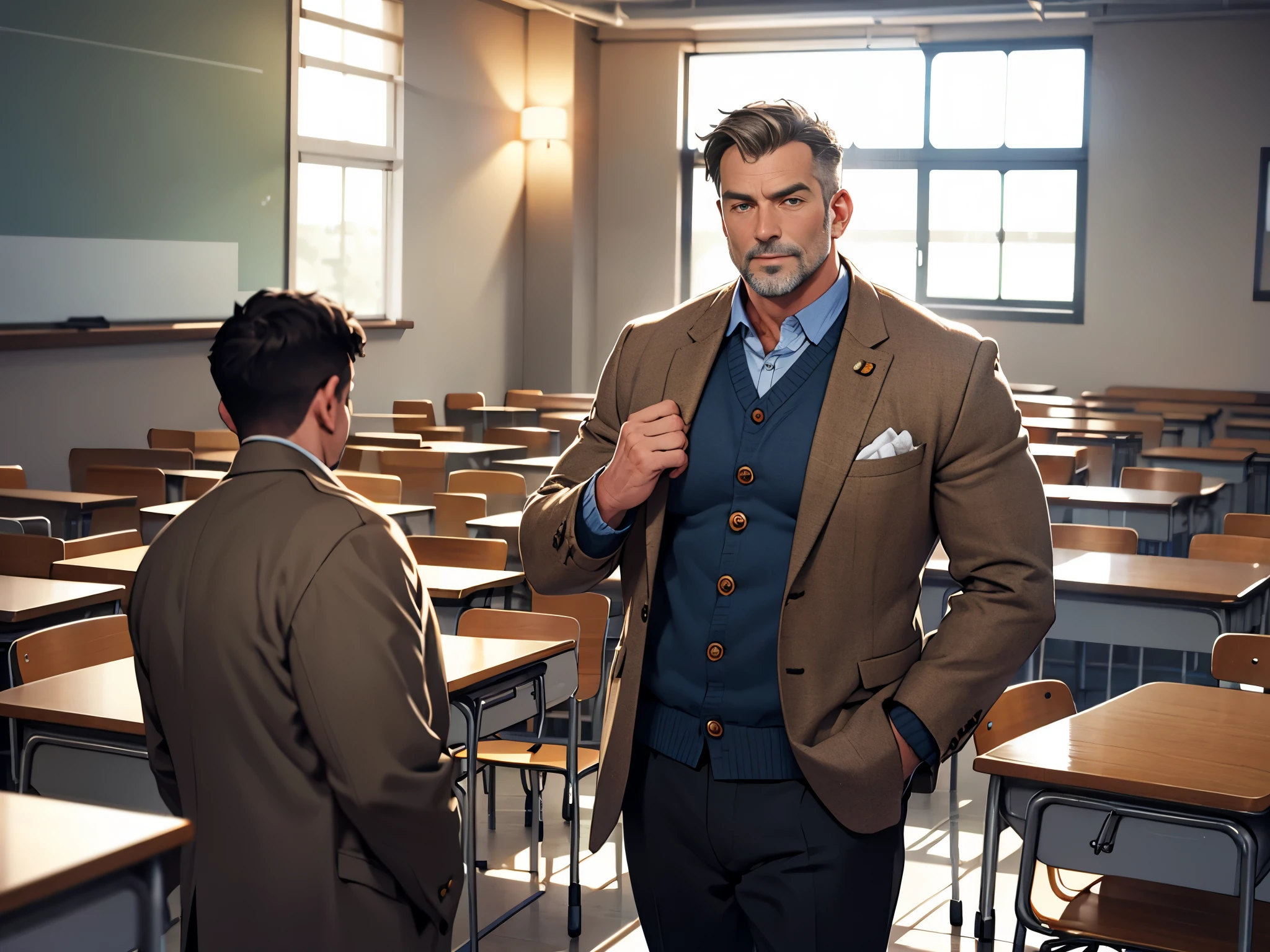 wise middle-aged professor, charming, attractive, muscular man, buttons open on chest, tweed jacket with elbow patches, university large classroom setting,