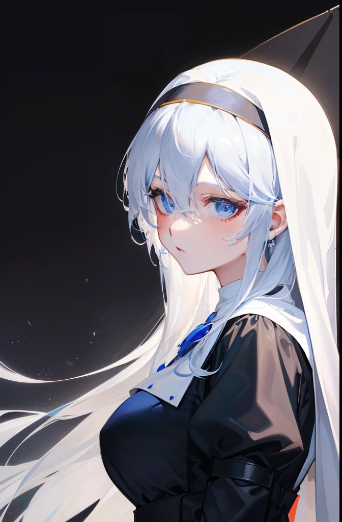 masterpieces, high detailed, [PERFECT FACE], very mature and elegant, anime character with blue eyes and a nun outfit, fine details, nun fashion model, colorful, nun outfit, nun, platinum hair, blue eyes, anime girl in a nun outfit, white haired deity, smooth anime cg art, mature body, tall